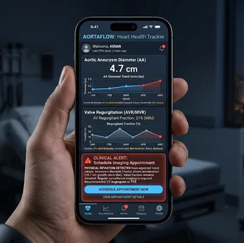 Mobile app showing aortic diameter trend and valve regurgitation monitoring with a clinical alert